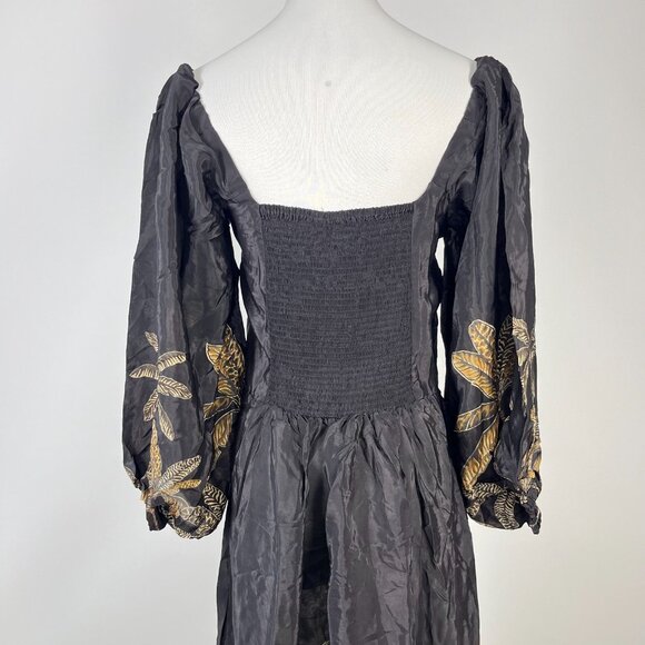 NWOT Farm Rio Maxi Dress Size M Black Print Puff Sleeves Plant Short Sleeve - Picture 10 of 14